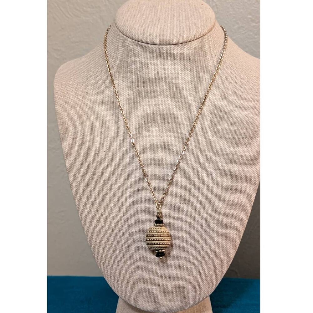 Cord Wrapped Beaded Orb Pendant on Gold Tone Spring Ring Clasp 18" Chain